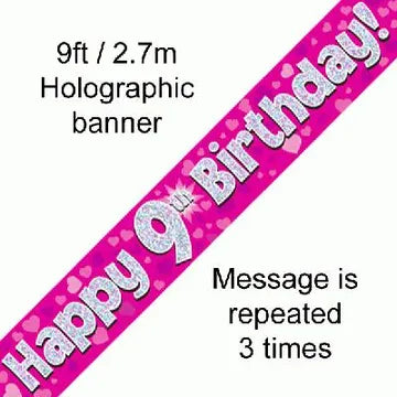 Pink Holographic Happy 9th Birthday Banner – 2.7m (9ft)