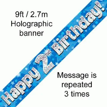 Blue Holographic Happy 2nd Birthday Banner – 2.7m (9ft)