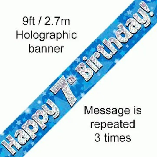 Blue Holographic Happy 7th Birthday Banner – 2.7m (9ft)