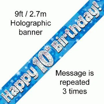 Blue Holographic Happy 10th Birthday Banner – 2.7m (9ft)