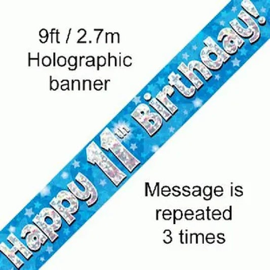 Blue Holographic Happy 11th Birthday Banner – 2.7m (9ft)