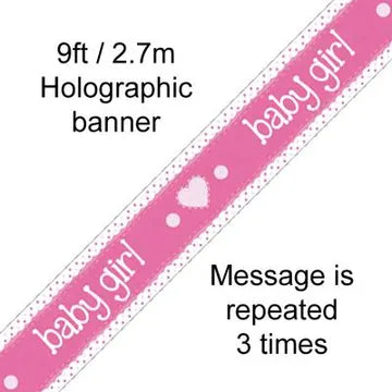 Baby Girl Holographic Pink Banner – 2.7m (9ft)