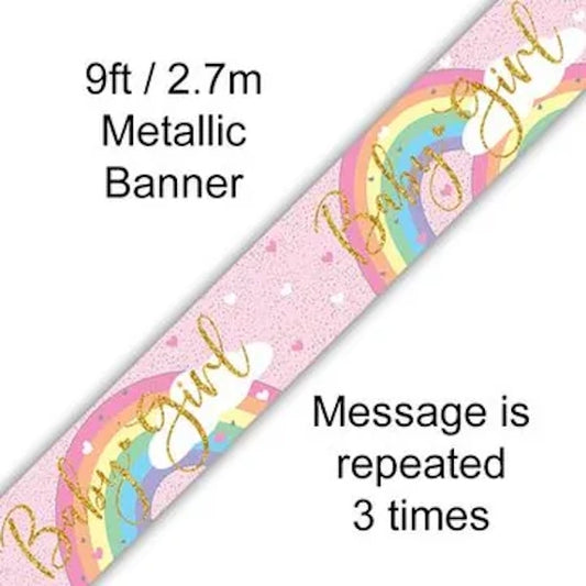 Pastel Rainbow Baby Girl Pink Holographic Banner – 2.7m (9ft)