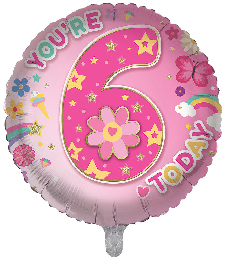 6th Pink Girls Flower Butterflies Double Sided 18-inch Balloon