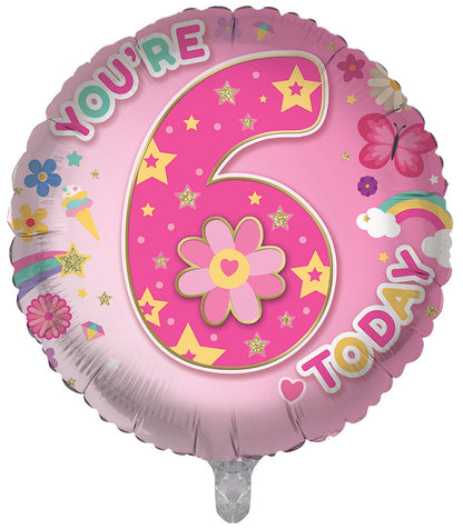 6th Pink Girls Flower Butterflies Double Sided 18-inch Balloon