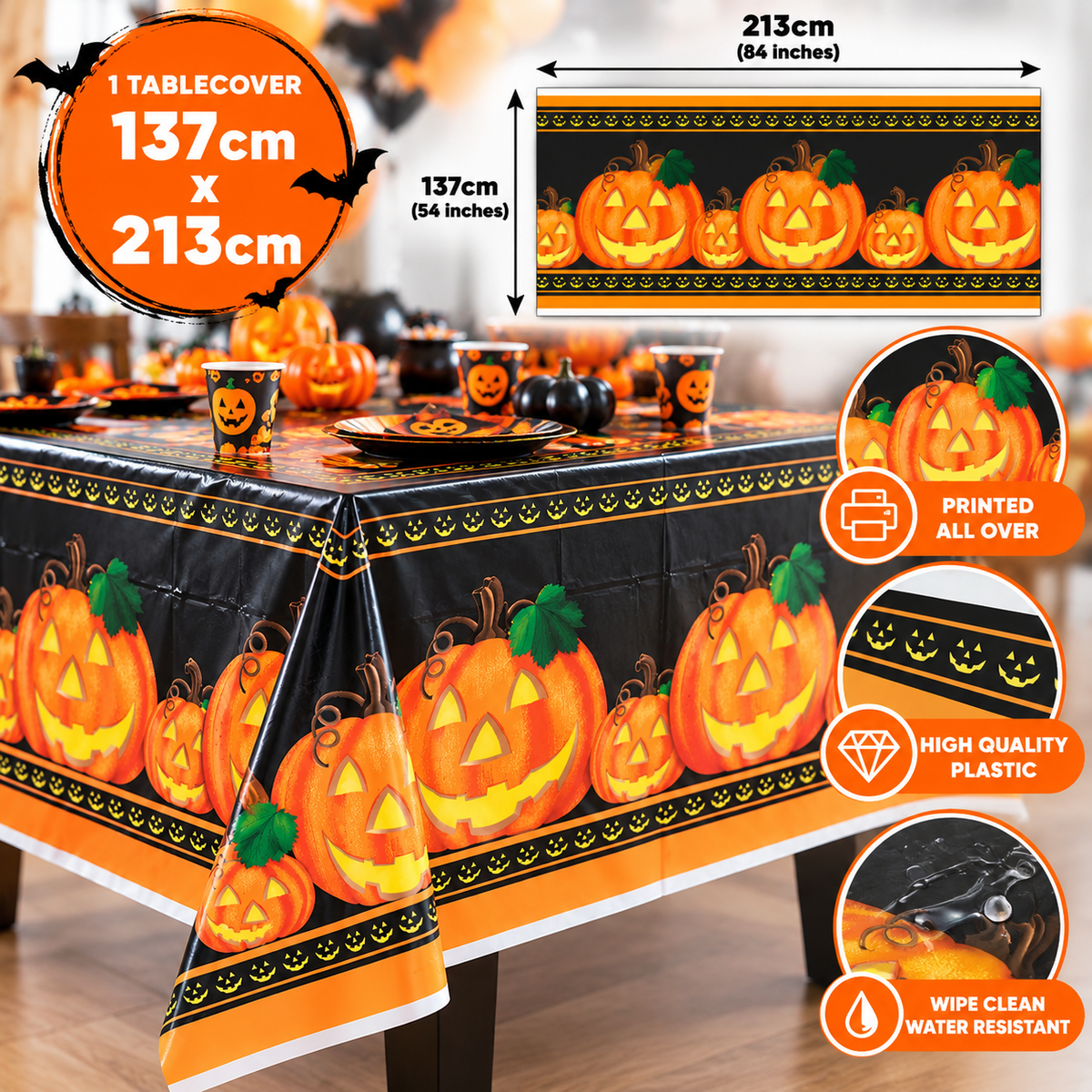 Halloween Pumpkin Plastic Tablecloth 137 x 213cm – Party Table Cover