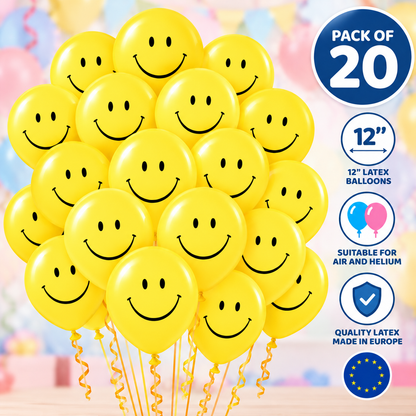 12" Yellow Smiley Face Latex Balloons – Pack of 20 – Air or Helium