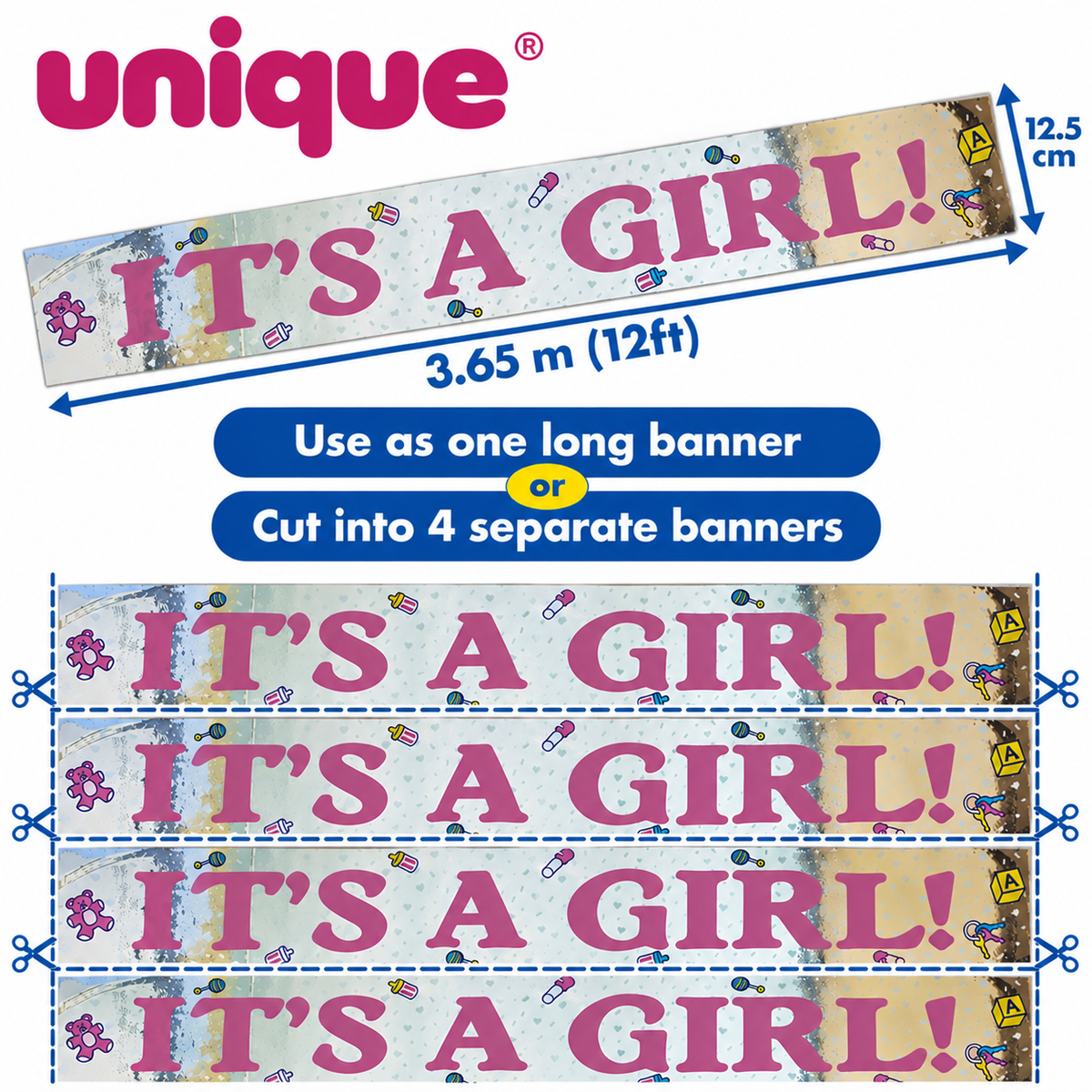 Unique It’s A Girl Baby Shower Banner – 3.65m / 12ft – Cut into 4 Banners