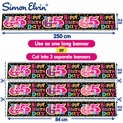 Happy 65th Birthday Banner 2.5m x 11.5cm – Cut into 3 Party Banners