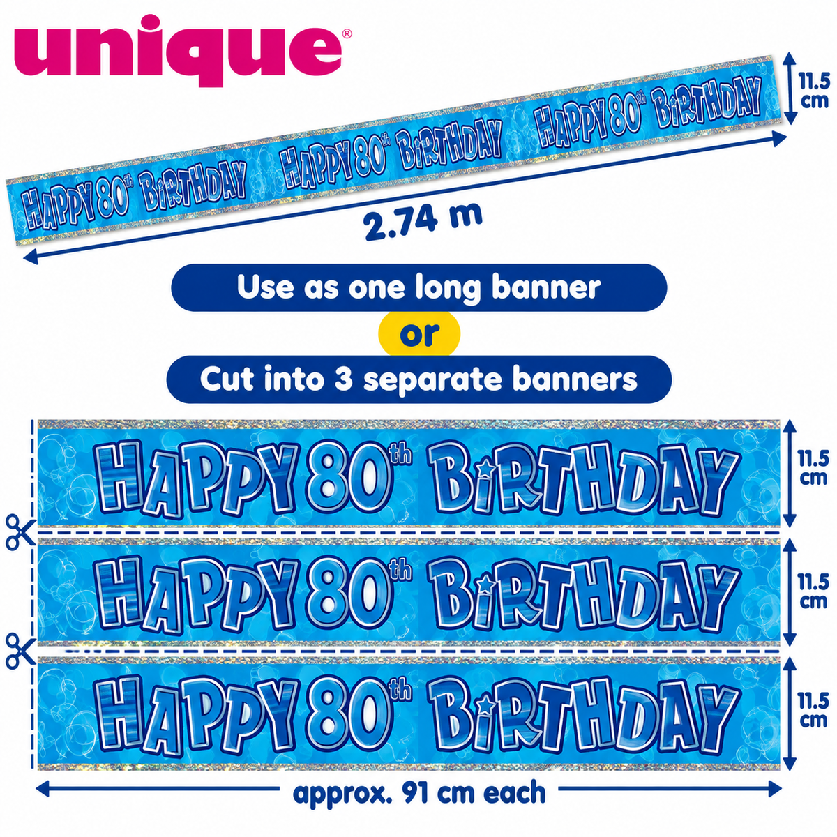 Happy 80th Birthday Banner Blue 2.74m – Cut into 3 Party Banners
