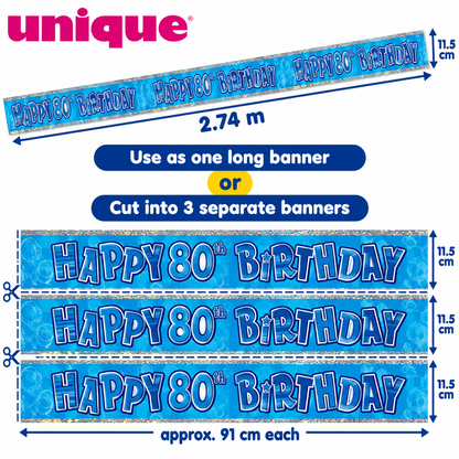Happy 80th Birthday Banner Blue 2.74m – Cut into 3 Party Banners