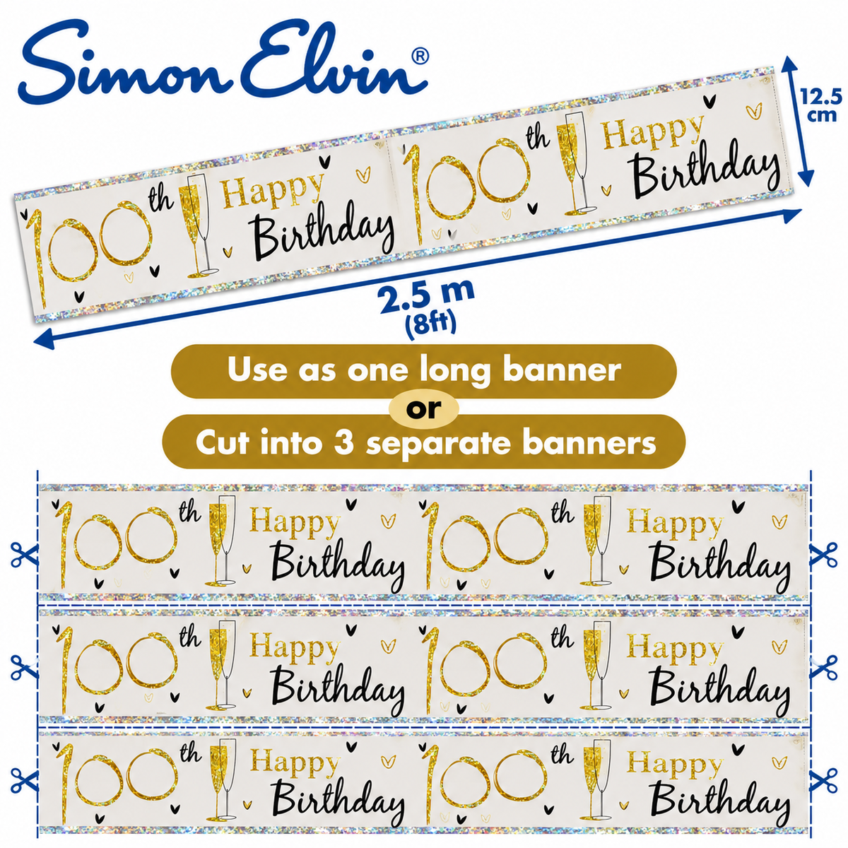 Happy Birthday 100th Holographic Banner – Gold Champagne Design – 2.5m / 8ft