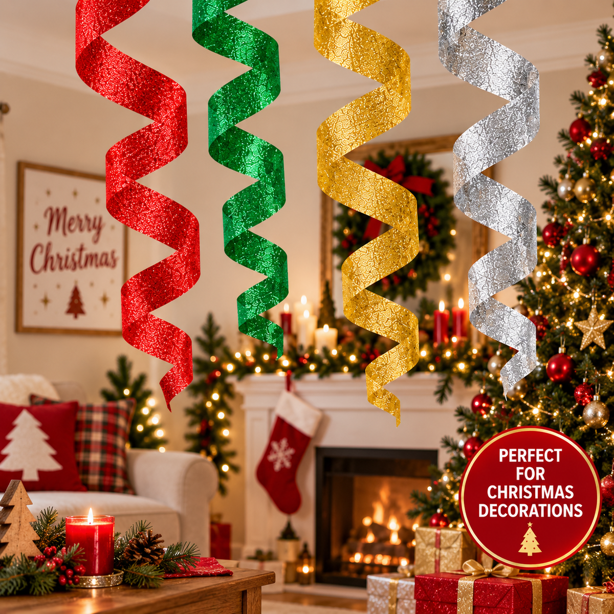 4 Pack Glitter Metallic Crepe Paper Streamers 8m x 35mm Red Green Gold Silver