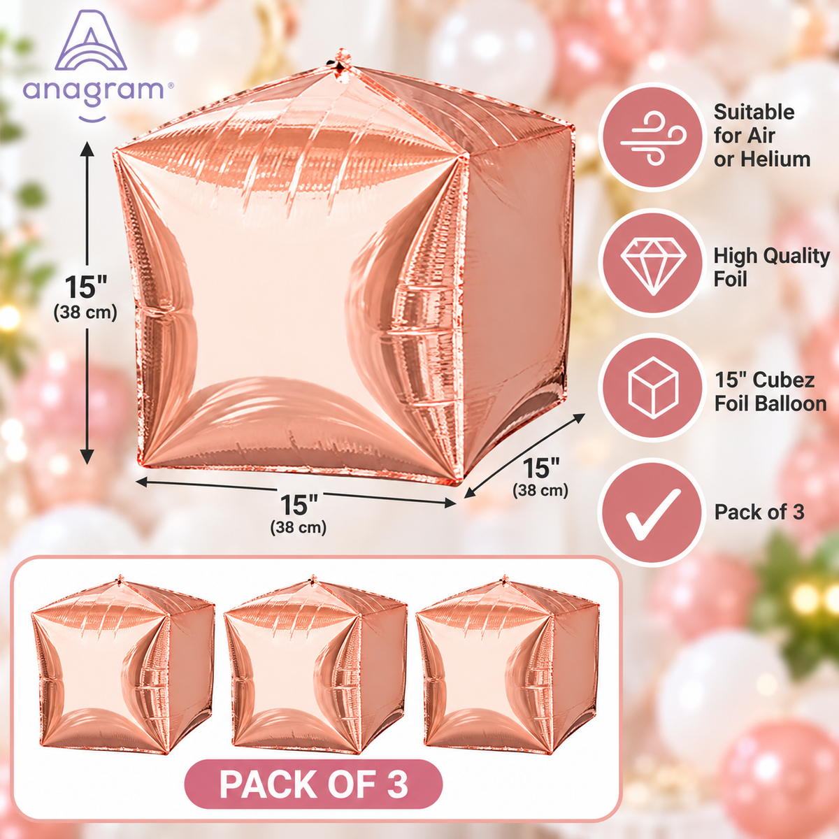 Anagram 15" Rose Gold Cubez Foil Balloons – Pack of 3