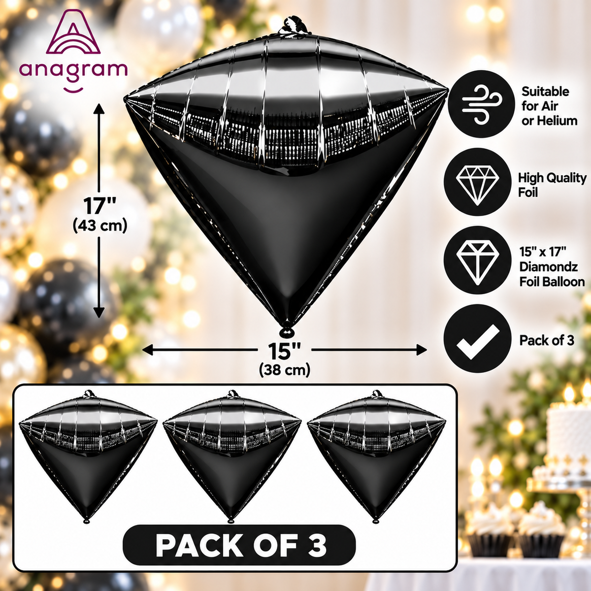 Anagram 15" x 17" Black Diamondz Foil Balloons – Pack of 3