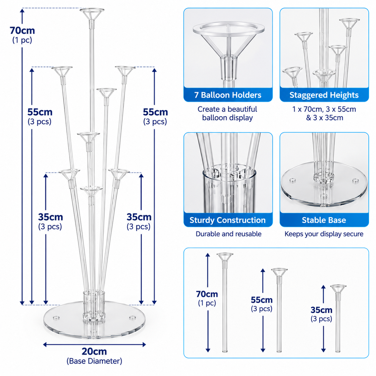 Balloon Table Stand Kit for 7 Balloons - 70cm Reusable Air Fill Party Decoration Holder