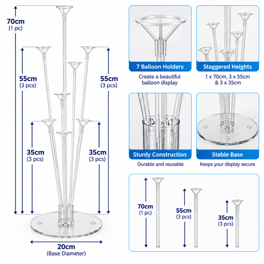Balloon Table Stand Kit for 7 Balloons - 70cm Reusable Air Fill Party Decoration Holder