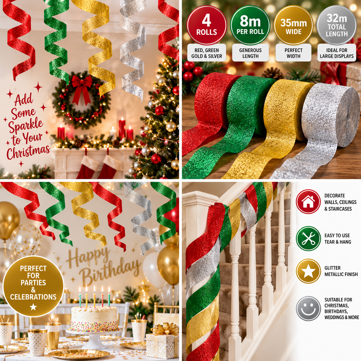 4 Pack Glitter Metallic Crepe Paper Streamers 8m x 35mm Red Green Gold Silver