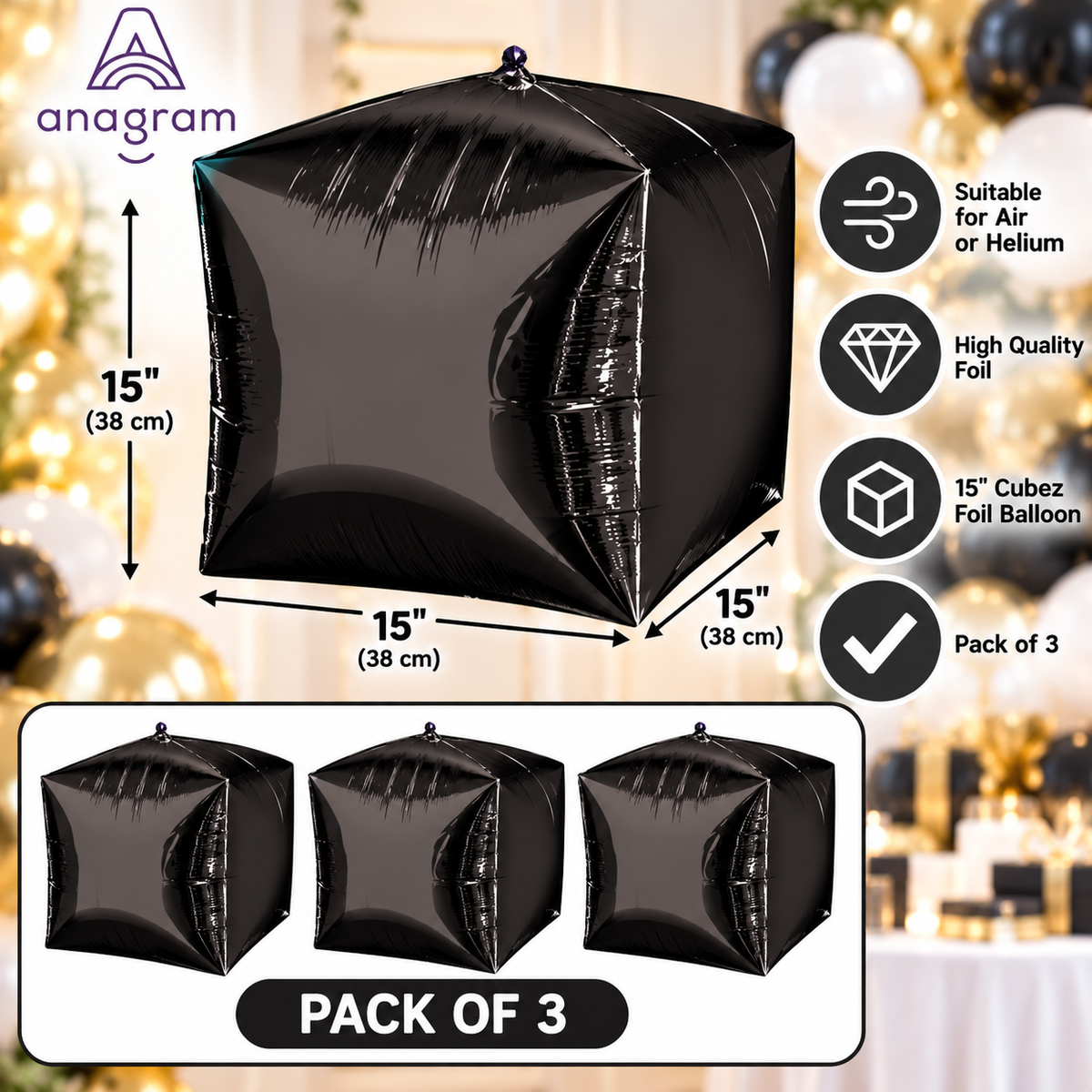 Anagram 15" Black Cubez Foil Balloons – Pack of 3