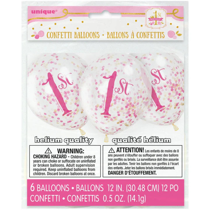 Unique Clear 1st Pink & Gold Confetti 12" Latex Balloons 6ct