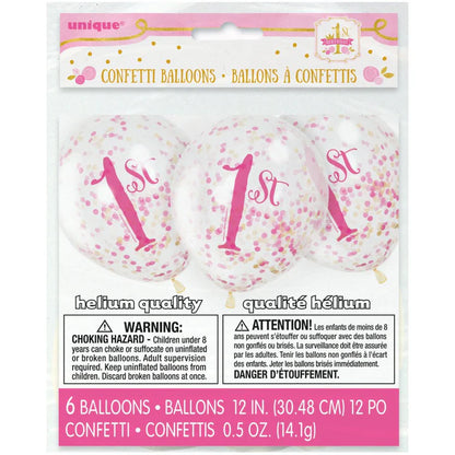 Unique Clear 1st Pink & Gold Confetti 12" Latex Balloons 6ct