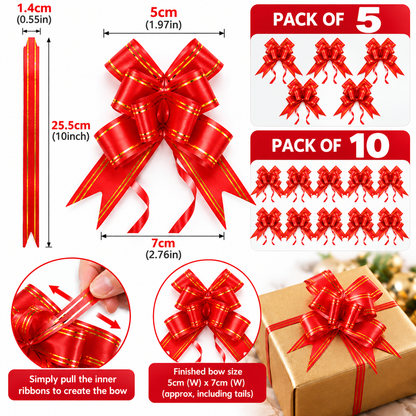 Red & Gold Stripe Pull Bows for Gift Wrapping – Easy Pull Ribbon Bows – Christmas, Hampers & Presents – Pack of 5 or 10