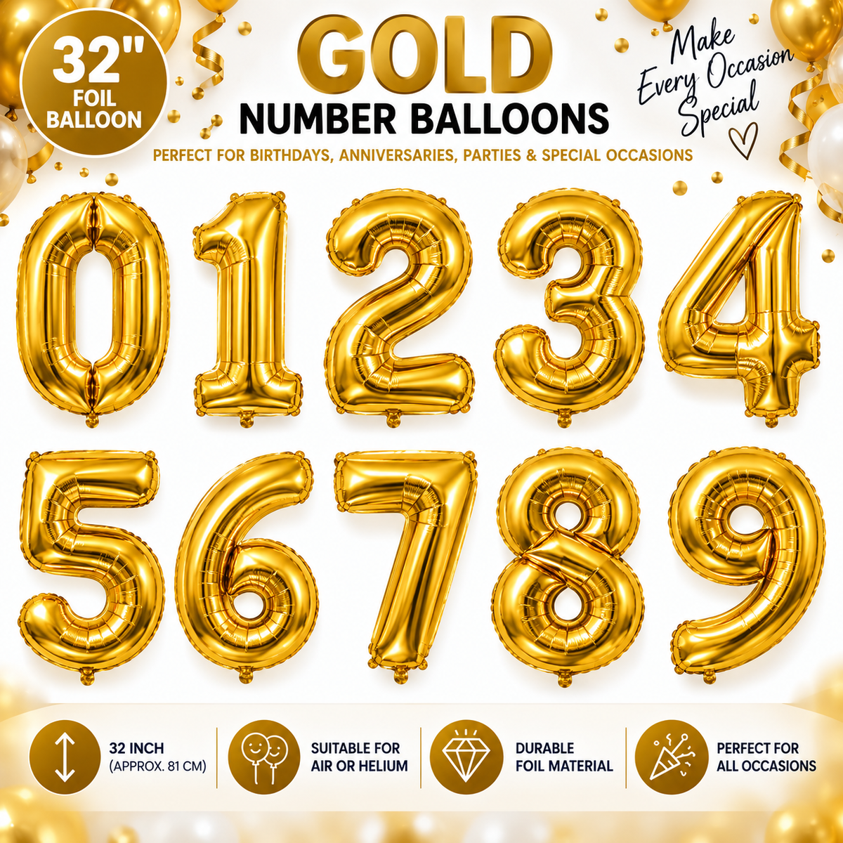 32" Foil Number Balloons 0-9 – Giant Birthday Number Balloon – Gold, Silver, Blue, Pink, Red, Purple, Rose Gold & Rainbow – Air or Helium