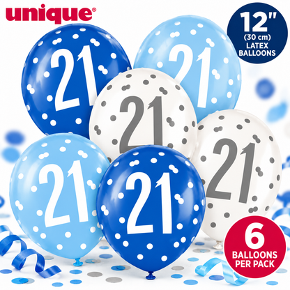 Unique 21st Birthday Balloons 12" – Pack of 6 Blue, Light Blue & White Latex Balloons
