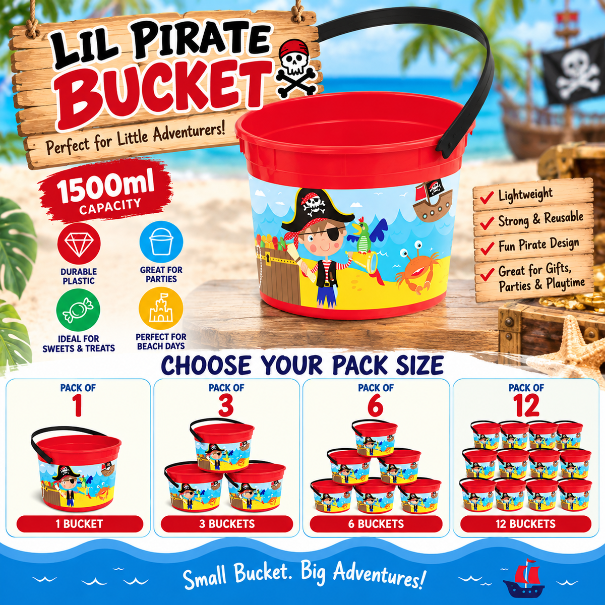 Lil Pirate Bucket 1500ml – Kids Pirate Party Bucket with Handle – Reusable Plastic Treat, Gift & Beach Bucket – Party Bag Alternative – Packs of 1, 3, 6 or 12
