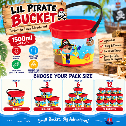 Lil Pirate Bucket 1500ml – Kids Pirate Party Bucket with Handle – Reusable Plastic Treat, Gift & Beach Bucket – Party Bag Alternative – Packs of 1, 3, 6 or 12