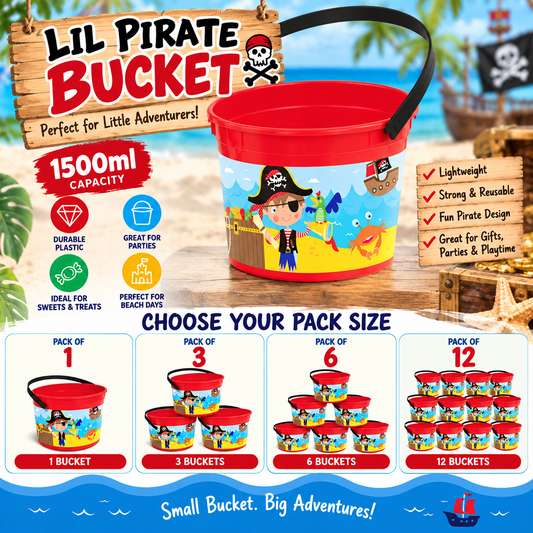 Lil Pirate Bucket 1500ml – Kids Pirate Party Bucket with Handle – Reusable Plastic Treat, Gift & Beach Bucket – Party Bag Alternative – Packs of 1, 3, 6 or 12