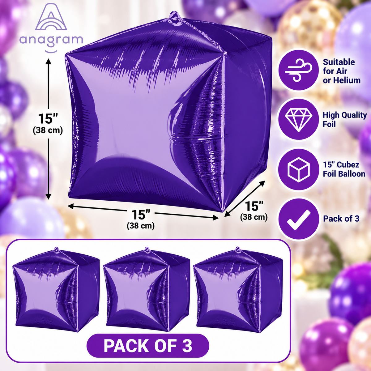 Anagram 15" Purple Cubez Foil Balloons – Pack of 3