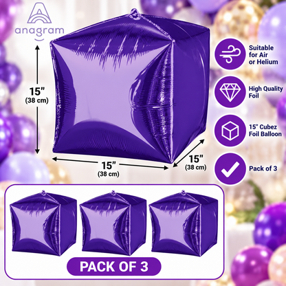 Anagram 15" Purple Cubez Foil Balloons – Pack of 3