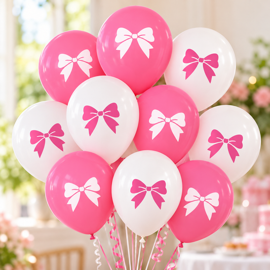Pink & White Bow Print Latex Balloons 12" – Pack of 10 – Air or Helium