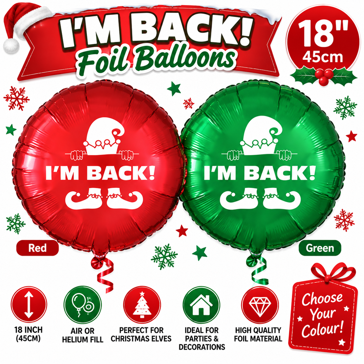 Elf I’m Back 18" Christmas Elf Foil Balloon – Red or Green Xmas Decoration