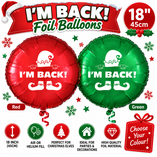 Elf I’m Back 18" Christmas Elf Foil Balloon – Red or Green Xmas Decoration