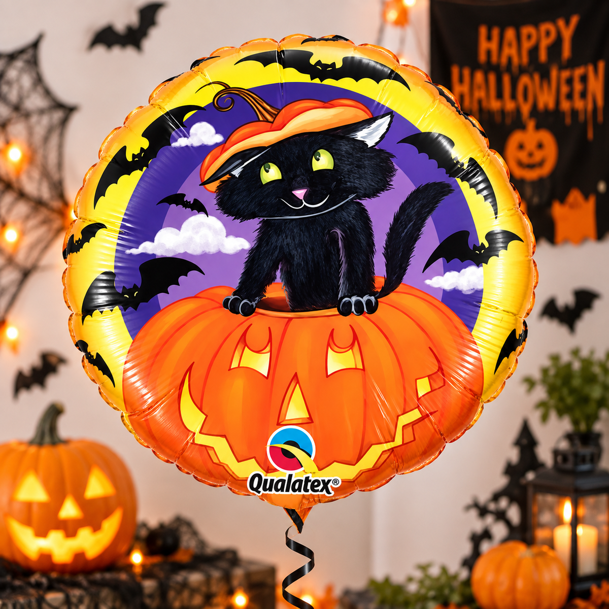 Qualatex 18" Halloween Foil Balloon – Black Cat & Pumpkin – Helium or Air Fill Party Decoration