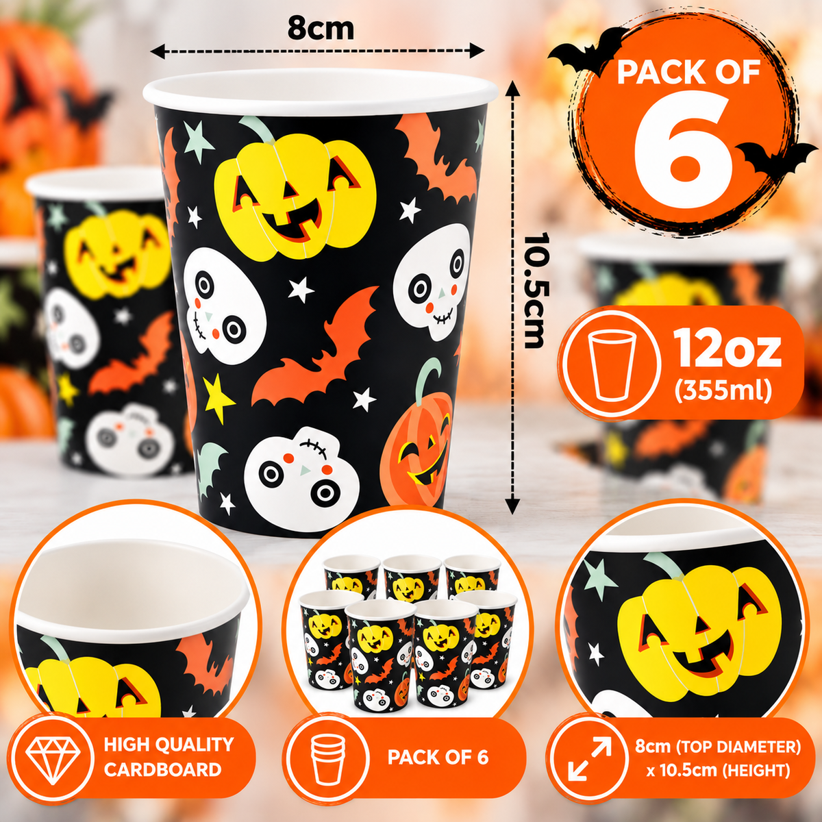 Halloween Paper Cups 12oz 355ml – Pack of 6 Pumpkin Skull Bat Party Cups