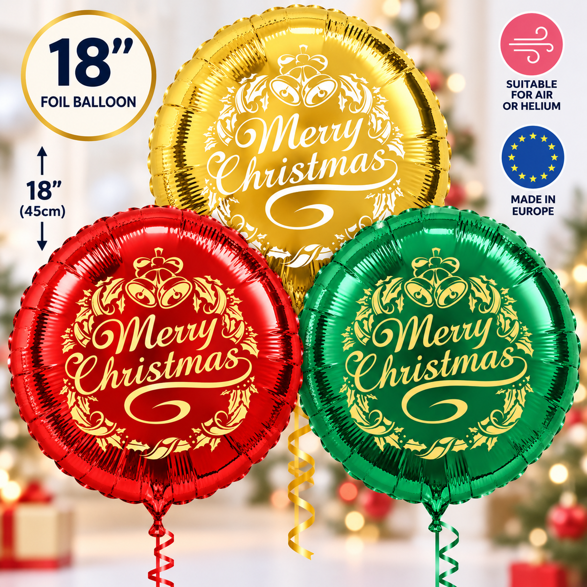Merry Christmas 18" Foil Balloon – Gold, Red or Green – Air or Helium