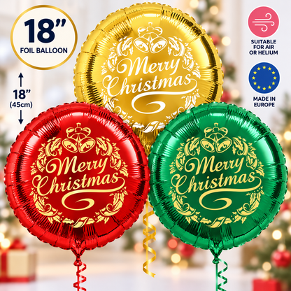 Merry Christmas 18" Foil Balloon – Gold, Red or Green – Air or Helium