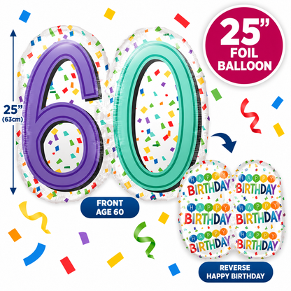 60th Birthday Foil Balloon 25"  Anagram XL Colourful Number 60 Double Sided Happy Birthday Party Decoration
