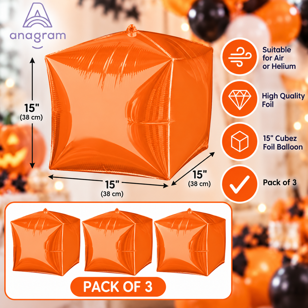 Anagram 15" Orange Cubez Foil Balloons – Pack of 3