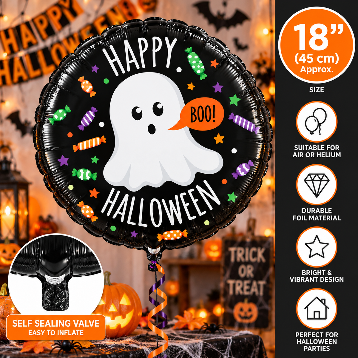 Ghostly Candies Happy Halloween 18" Foil Balloon – Ghost & Sweets Party Decoration