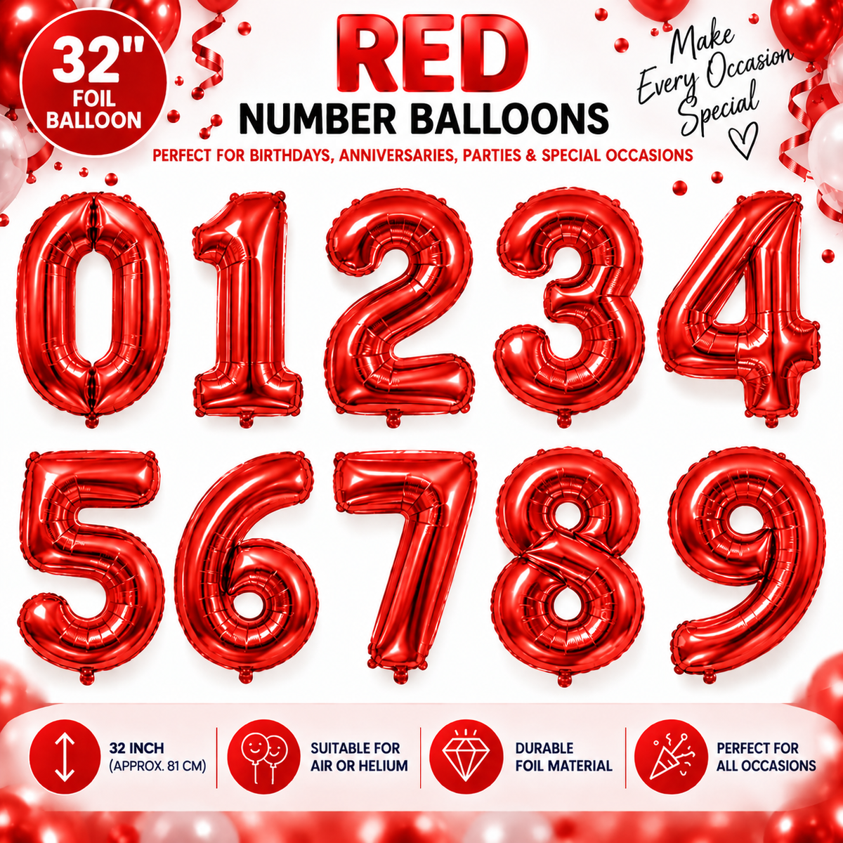 32" Foil Number Balloons 0-9 – Giant Birthday Number Balloon – Gold, Silver, Blue, Pink, Red, Purple, Rose Gold & Rainbow – Air or Helium
