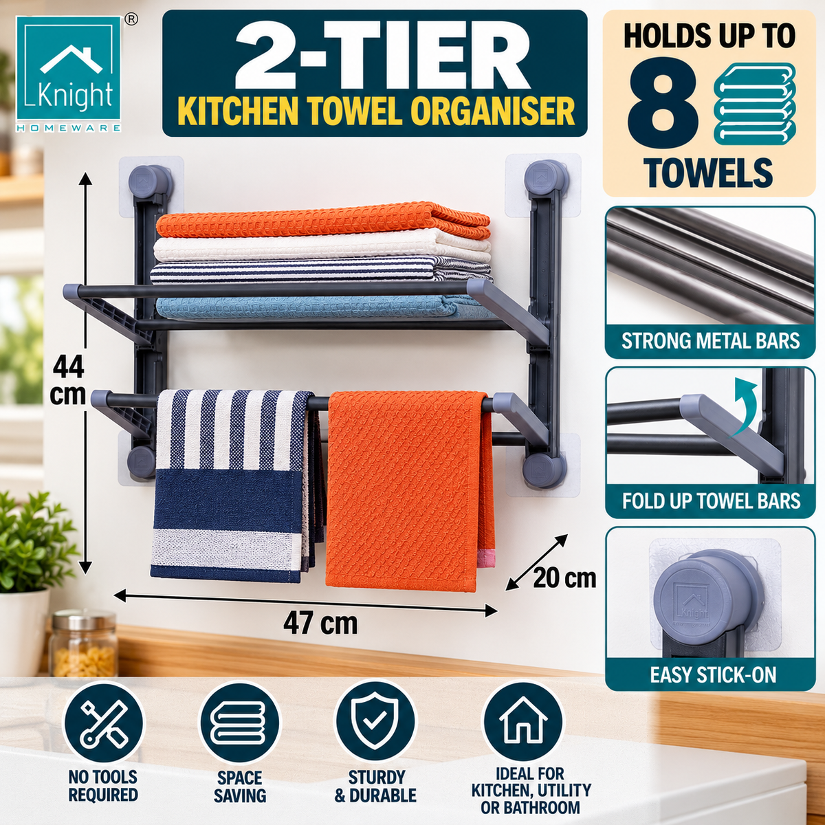 2 Tier Kitchen Towel Organiser – Foldable Wall Mounted Towel Rack – Stick-On (Grey)