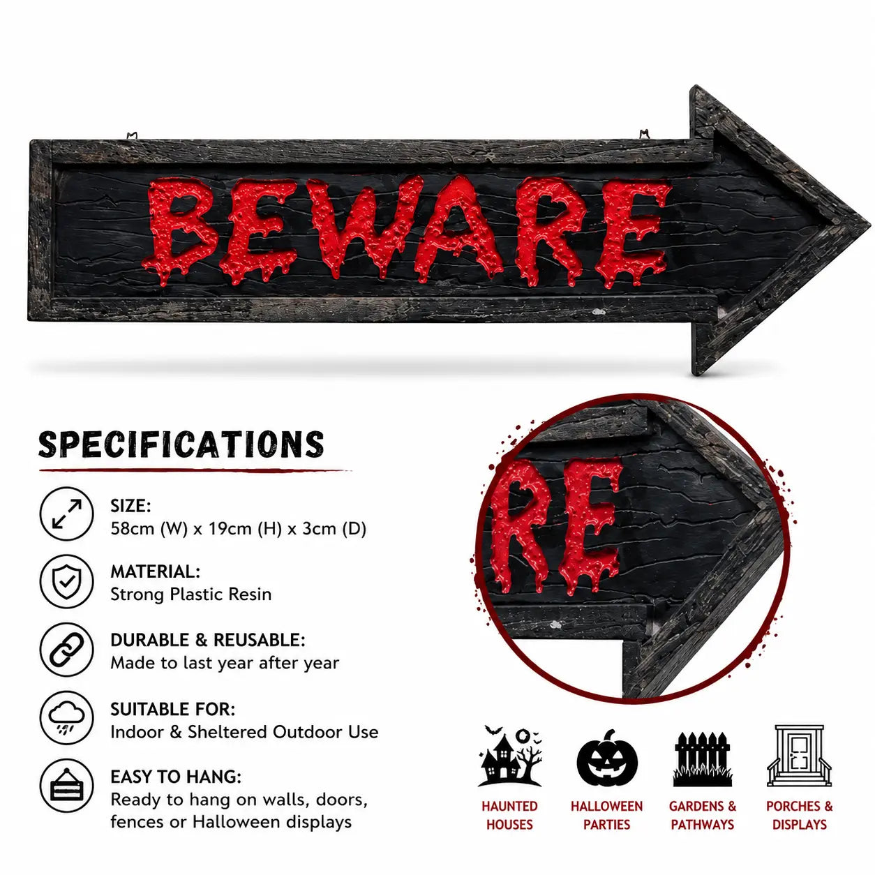 Halloween Spooky 'Beware' Solid Wood Effect Sign 58cm