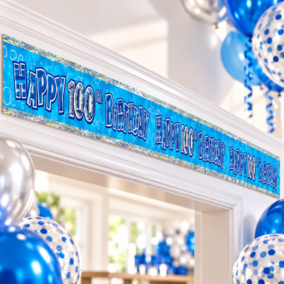 Happy 100th Birthday Banner Blue 2.74m – Cut into 3 Party Banners