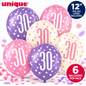 Unique 30th Birthday Balloons 12" – Pack of 6 Pink, Purple & White Latex Balloons