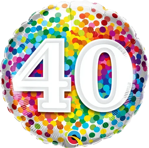 40th Birthday Balloon Rainbow Confetti 18-Inch Foil Balloon