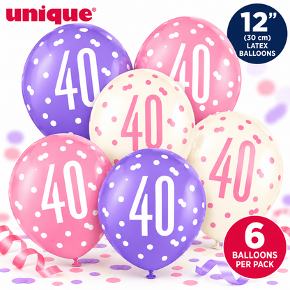 Unique 40th Birthday Balloons 12" – Pack of 6 Pink, Purple & White Latex Balloons